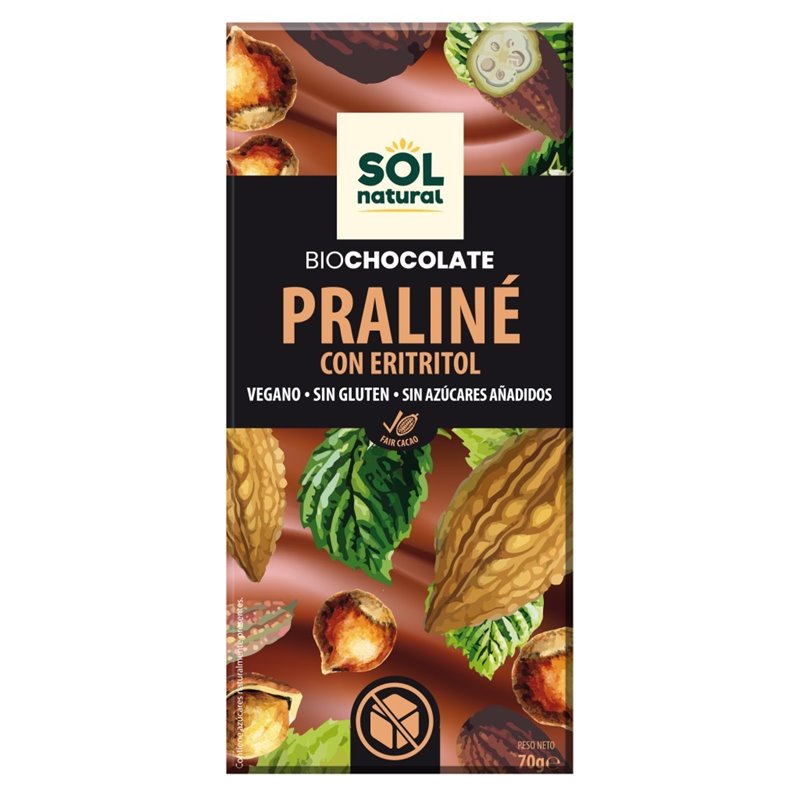 CHOCOLATE PRALINÉ CON ERITRITOL 70 GR DE SOLNATURAL