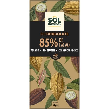 CHOCOLATE 85% DE CACAO SIN GLUTEN 70 GR BIO DE SOLNATURAL