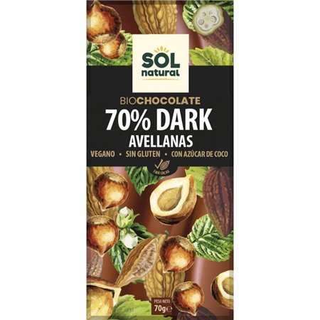 CHOCOLATE 70% DARK AVELLANAS SIN GLUTEN VEGANO 70 GR BIO DE SOLNATURAL