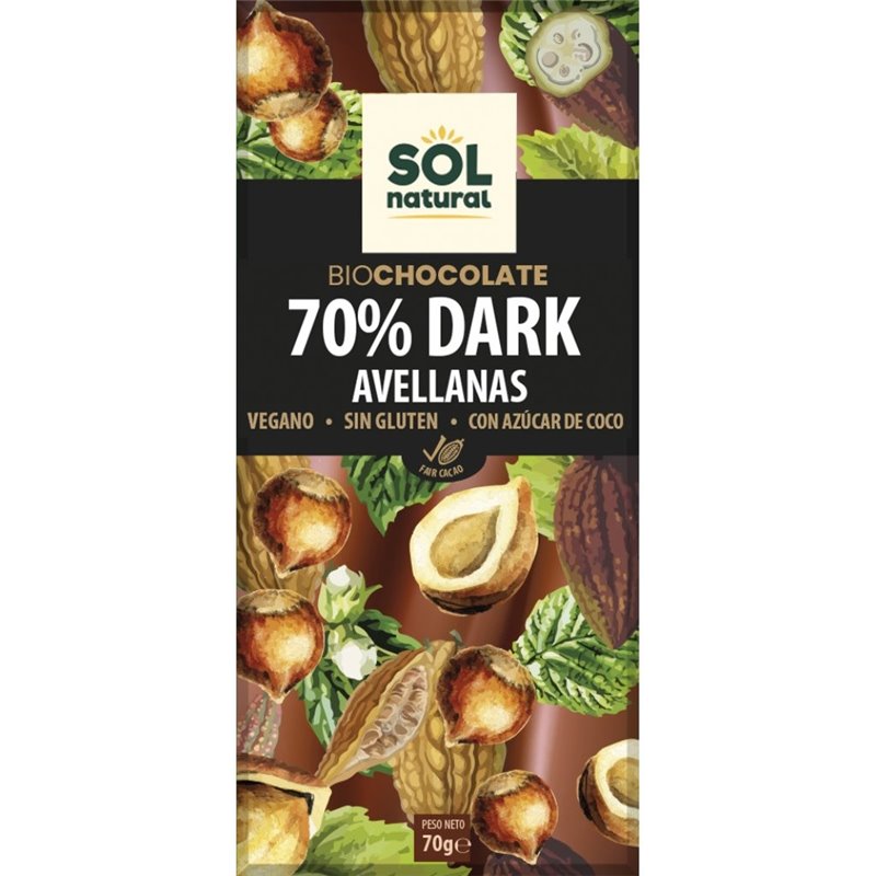 CHOCOLATE 70% DARK AVELLANAS SIN GLUTEN VEGANO 70 GR BIO DE SOLNATURAL