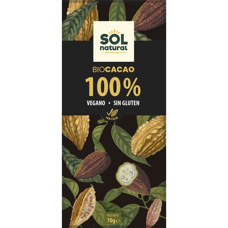 CHOCOLATE 100% PURO SIN GLUTÉN VEGANO 70 GR BIO DE SOLNATURAL