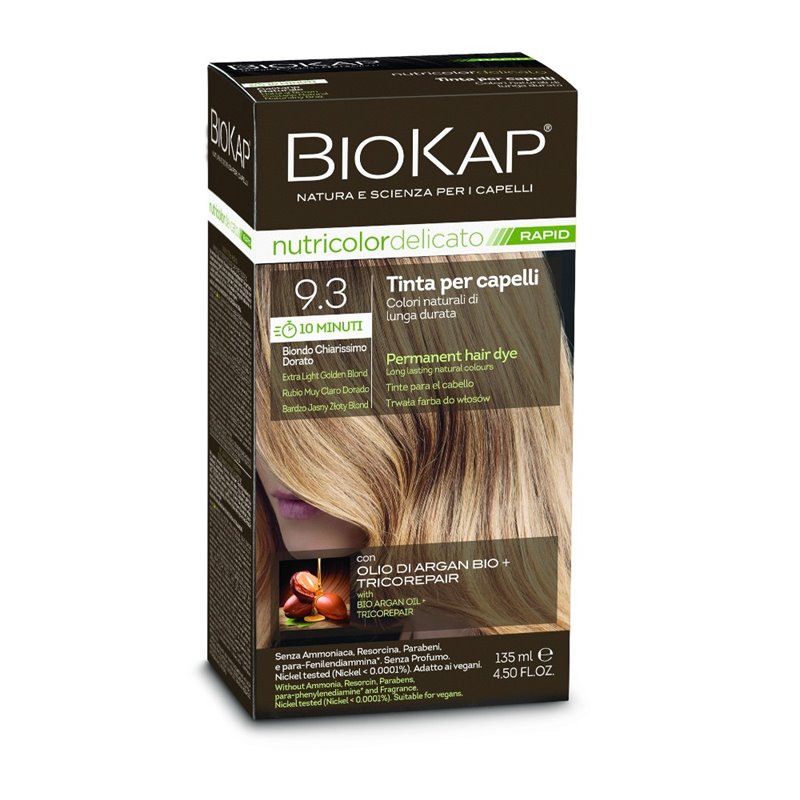 TINTE PERMANENTE BIOKAP RAPID (10 MINUTOS) 9.3 RUBIO MUY CLARO DORADO 135 ML