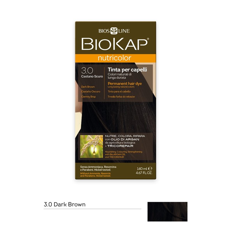TINTE PERMANENTE BIOKAP NUTRICOLOR 3.0 CASTAÑO OSCURO 140 ML