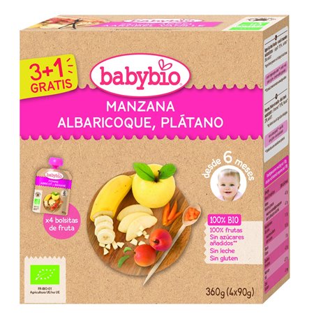 BABYBIO POUCHES MANZANA ALBARICOQUE Y PLÁTANO BIO 4 X 90 GR DE BABYBIO