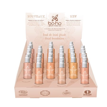 EXPOSITOR BASES FLUIDAS CRISTAL 30ML (3 UD x 6 VARIEDADES) + 6 TESTERS DE BOHO MAQUILLAJE