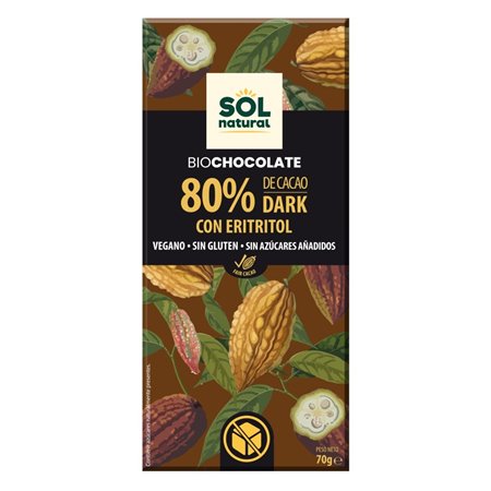 CHOCOLATE 80% CACAO CON ERITRITOL 70 GR DE SOLNATURAL