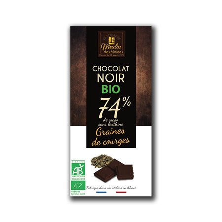 CHOCOLATE NEGRO 74% CON PIPAS DE CALABAZA 100 GR BIO DE MOULIN DES MOINES