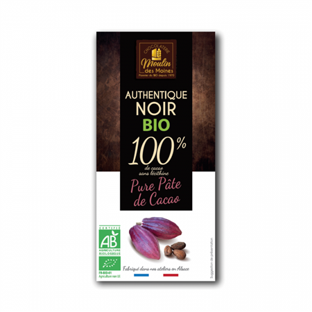 CHOCOLATE PURO 100% CACAO 100 GR BIO DE MOULIN DES MOINES